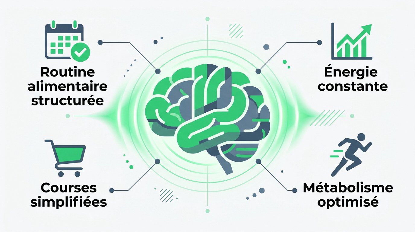 Schéma illustrant les bénéfices d'une alimentation structurée sur la concentration et le cerveau