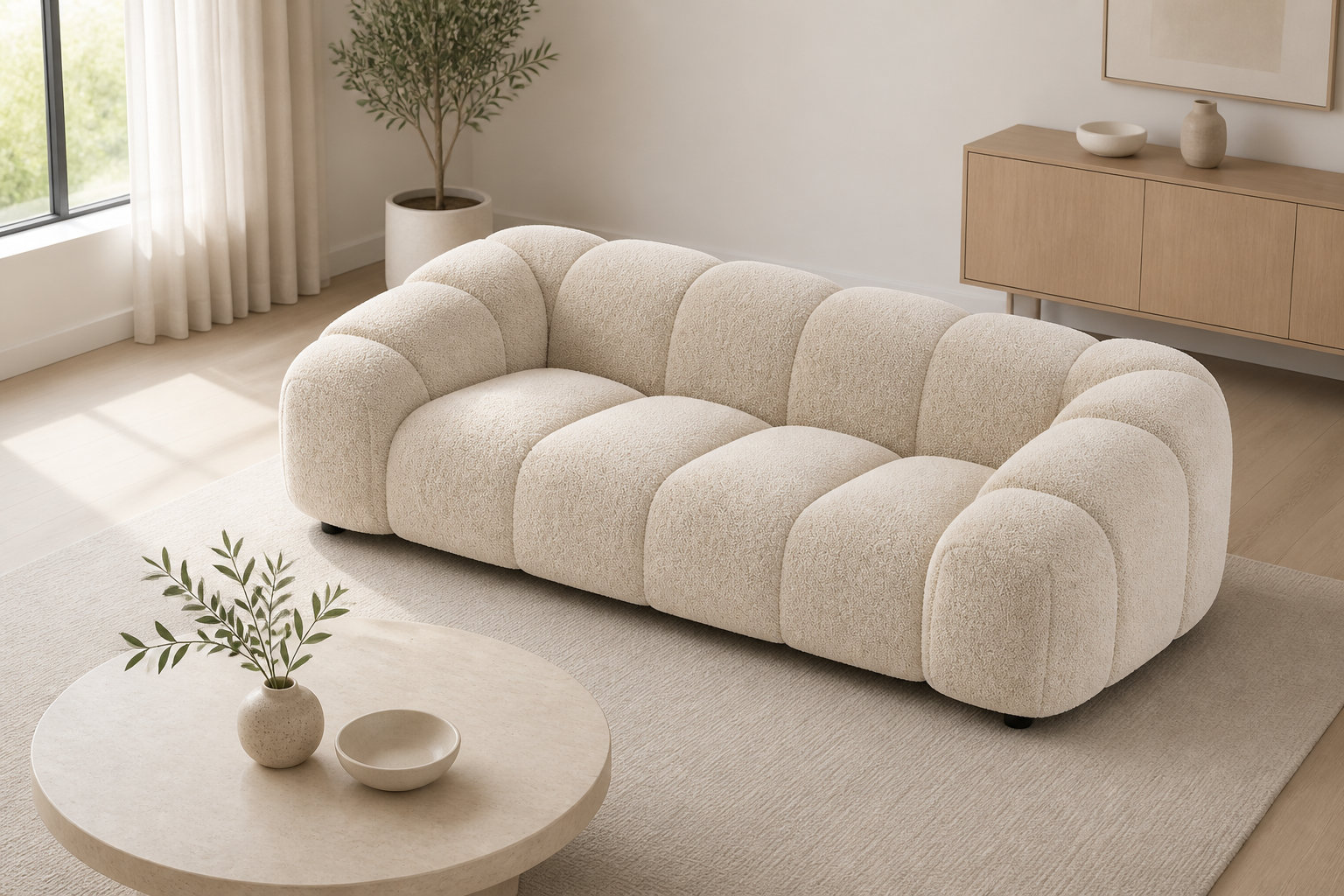 Canapé nuage 3 places en velours texturé beige - AVA