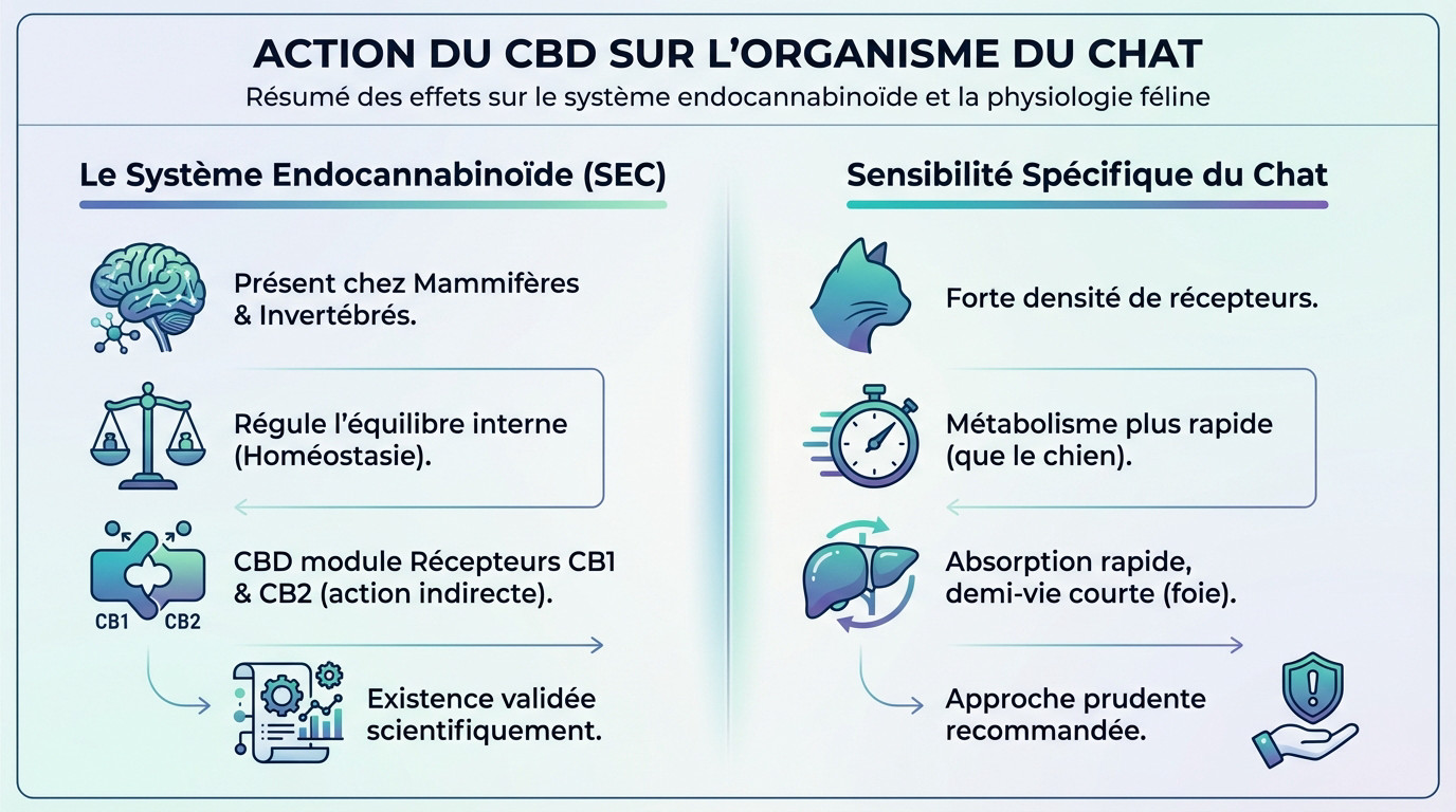 Schéma explicatif de l'action du CBD sur les récepteurs endocannabinoïdes du chat