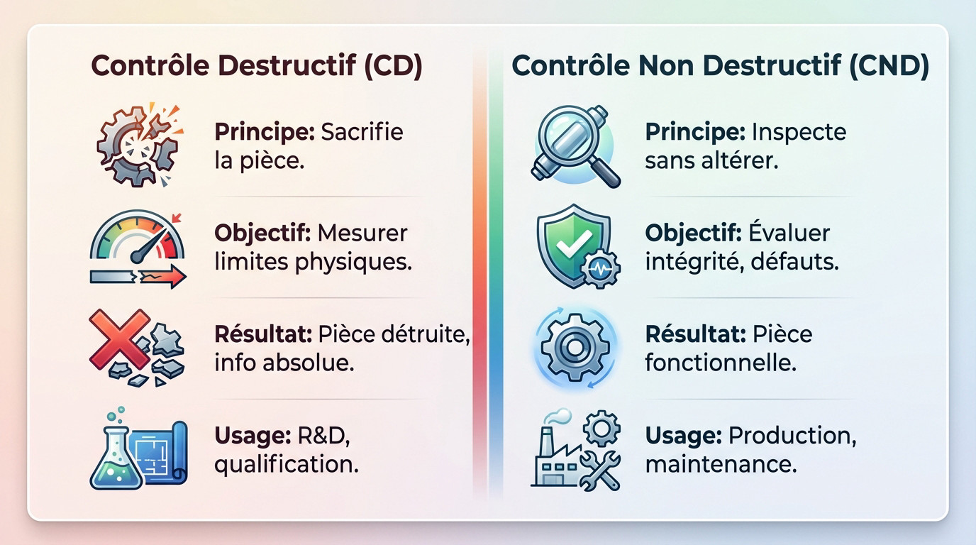 Comparaison visuelle entre un essai destructif avec rupture et un contrôle non destructif préservant la pièce