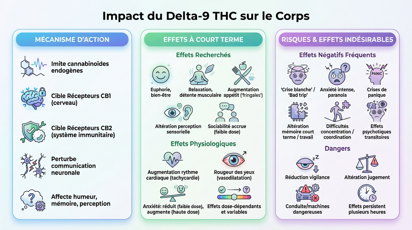 Schéma technique illustrant l'interaction du Delta-9 THC avec les récepteurs CB1 et CB2 du système endocannabinoïde humain