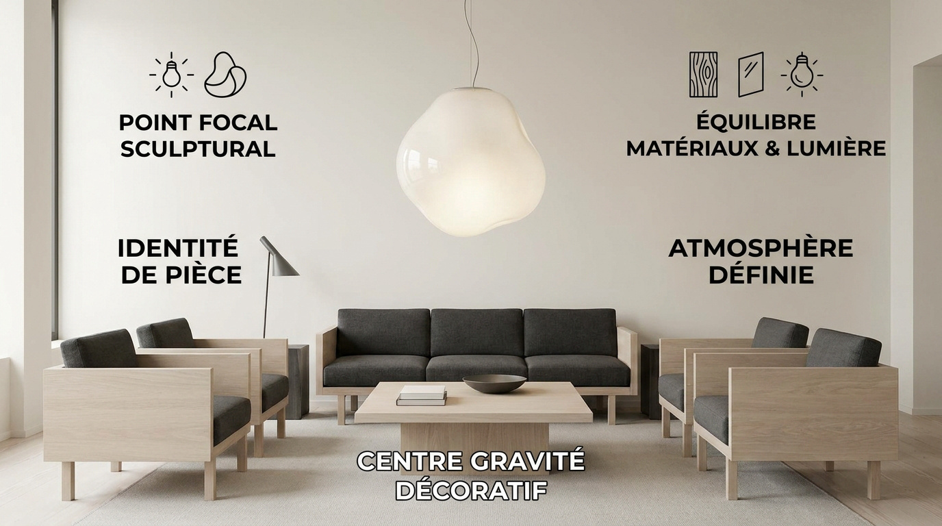 Lampe design iconique installée dans un salon au style minimaliste épuré