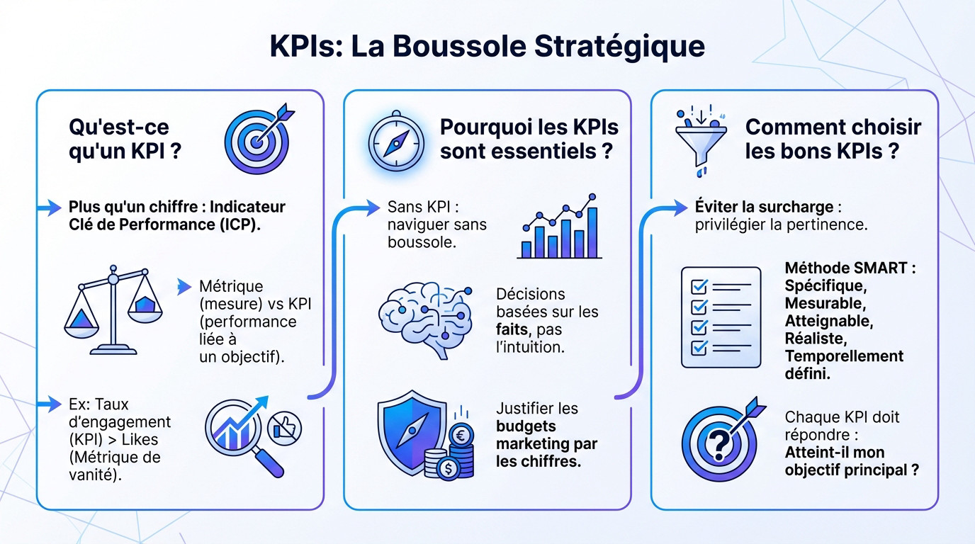 Illustration d'une boussole stratégique représentant les KPIs en marketing digital