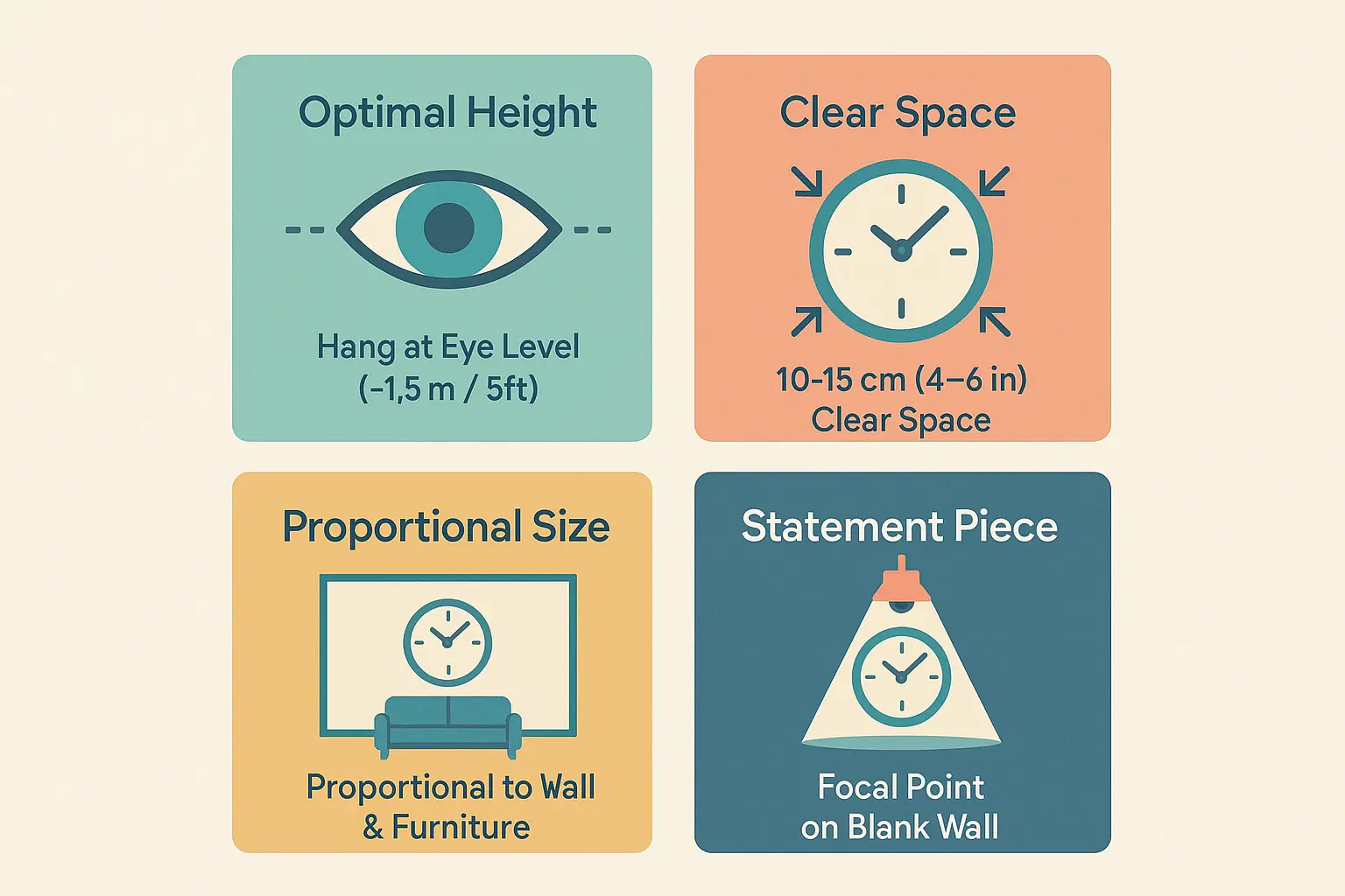 Wall clock hanging guide illustrating proper placement and spacing