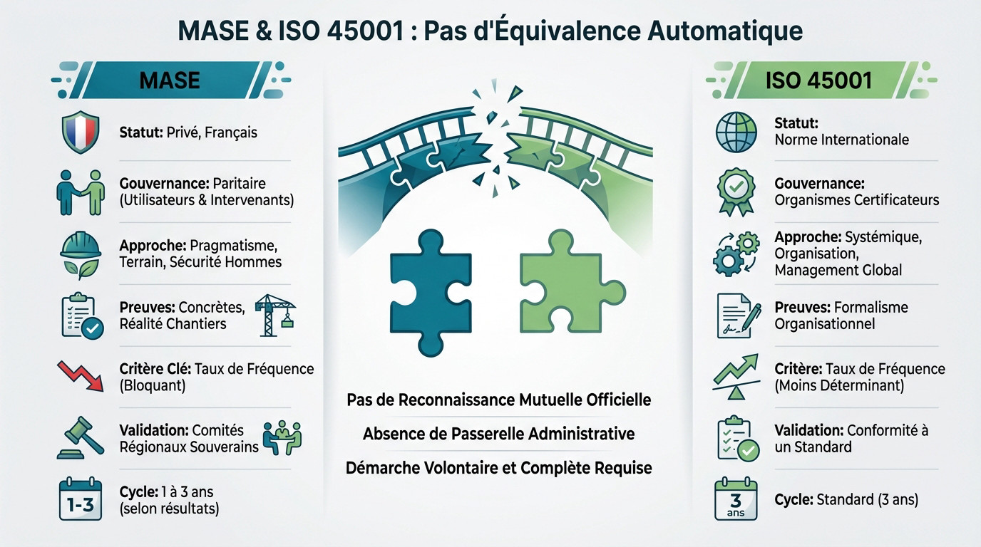 Comparaison entre la certification MASE et la norme ISO 45001 montrant l'absence de passerelle automatique