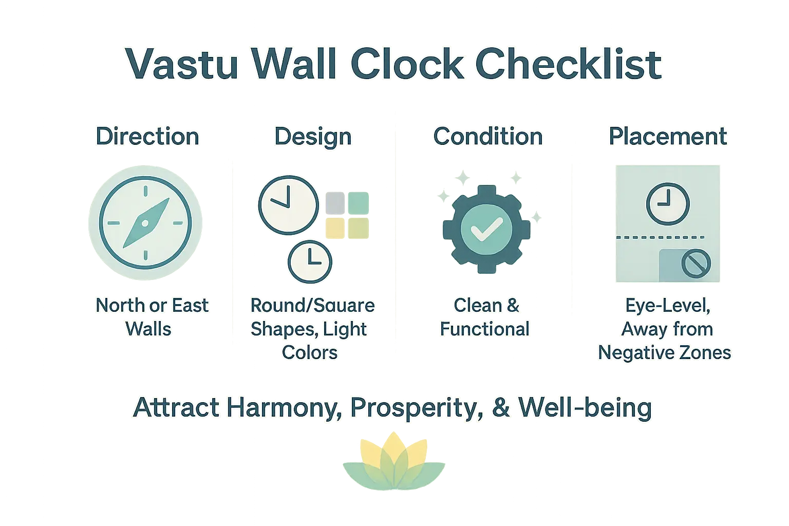 Vastu-compliant wall clock checklist illustration showing North/East placement, circular design, and clean condition