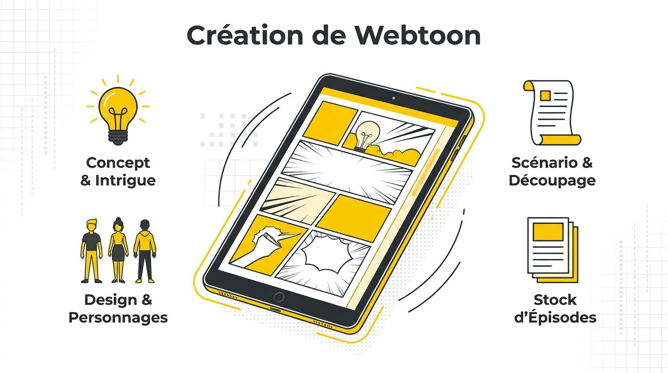 Infographie détaillant les étapes clés de la création d'un webtoon, du concept à la publication