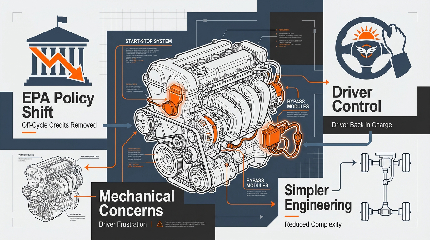 Automotive technician analyzing engine control unit and EPA policy documents regarding start-stop systems