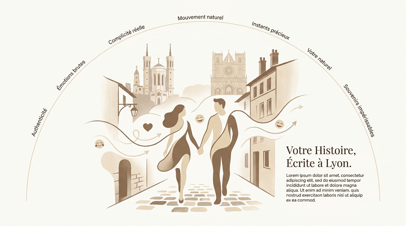Couple complice s'enlaçant tendrement dans les rues historiques de Lyon lors d'une séance photo lifestyle