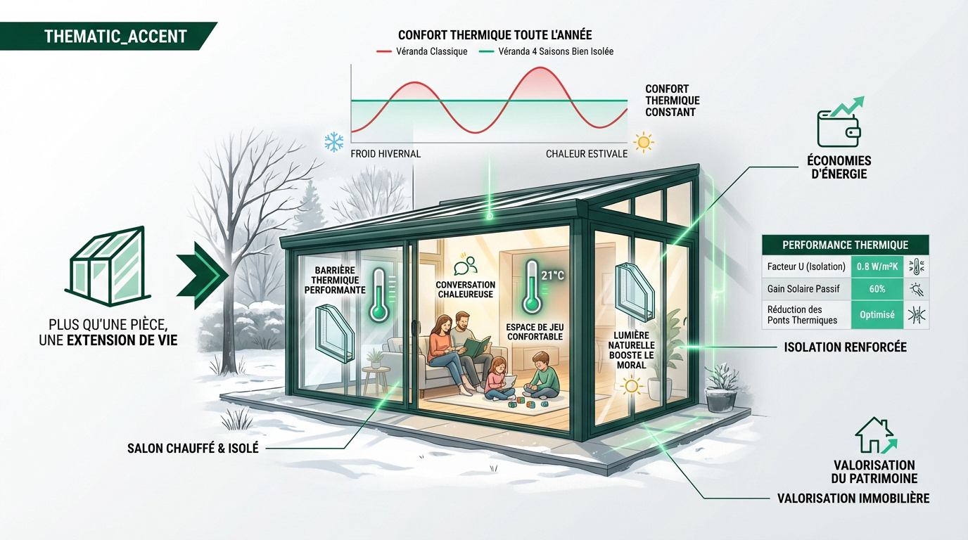Véranda contemporaine avec toiture bien isolée pour confort 4 saisons
