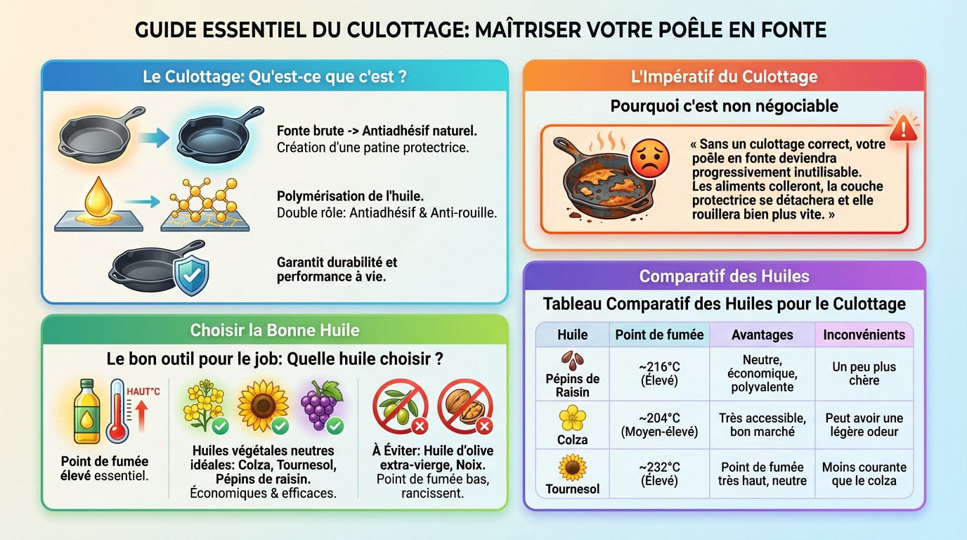 Poêle en fonte parfaitement culottée avec une patine noire brillante et antiadhésive