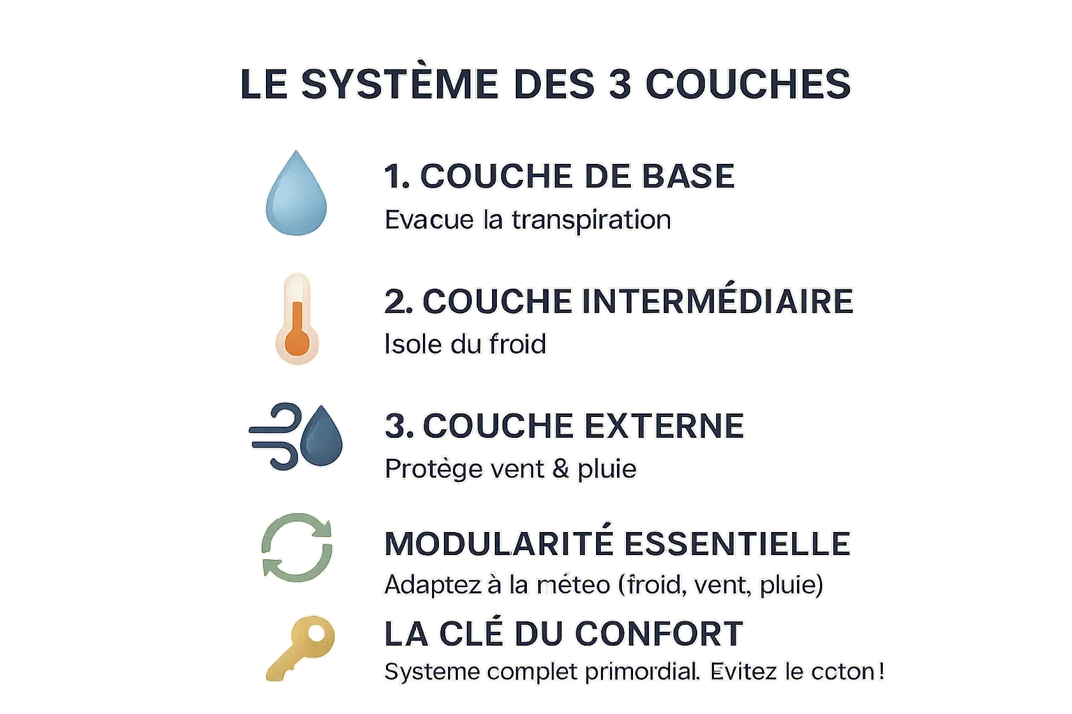 Schéma explicatif du système des 3 couches de vêtements de trail