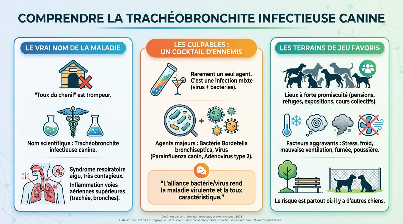 Schéma explicatif de la trachéobronchite infectieuse canine montrant les voies respiratoires affectées chez le chien