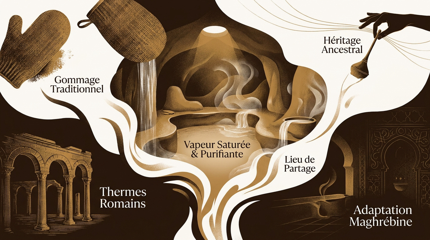 Intérieur d'un hammam traditionnel avec vapeur et architecture orientale