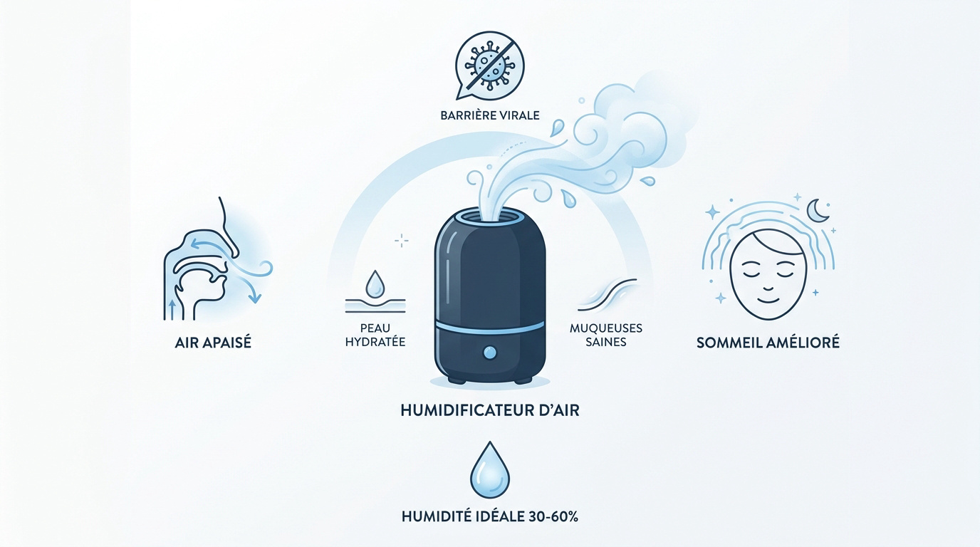 Humidificateur d'air diffusant une brume légère dans une chambre pour le confort respiratoire
