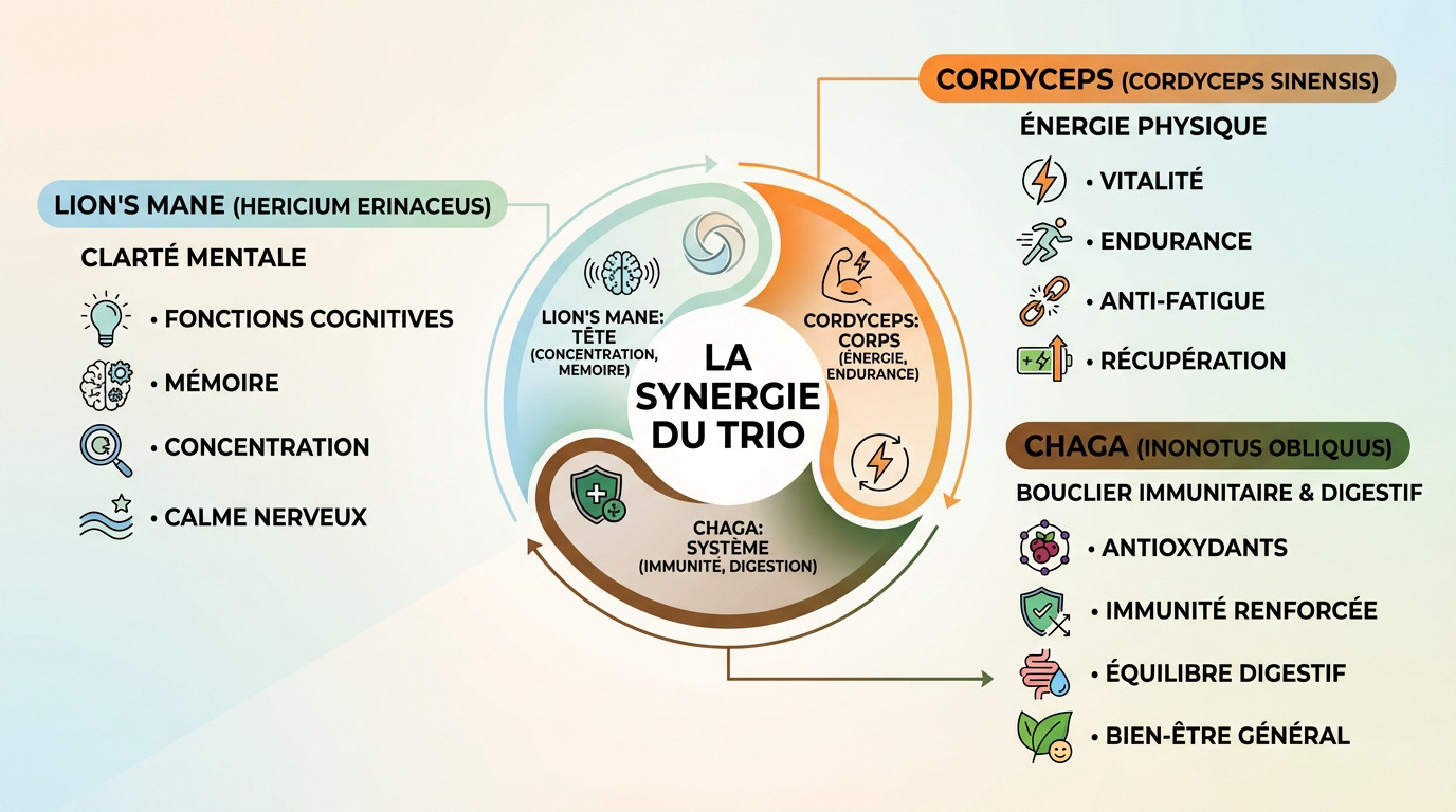 Illustration de la synergie des champignons Lion's Mane, Cordyceps et Chaga dans la boisson Bonjour