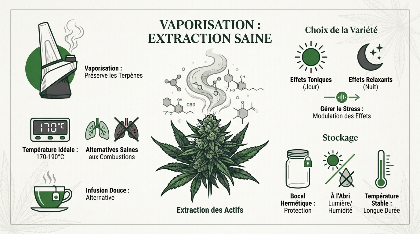 Infographie expliquant les avantages de la vaporisation du CBD et les températures d'extraction des actifs