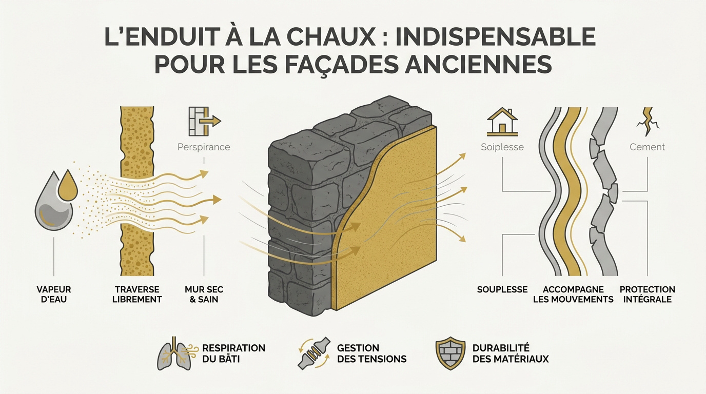 Application d'un enduit à la chaux traditionnel sur une façade en pierre ancienne