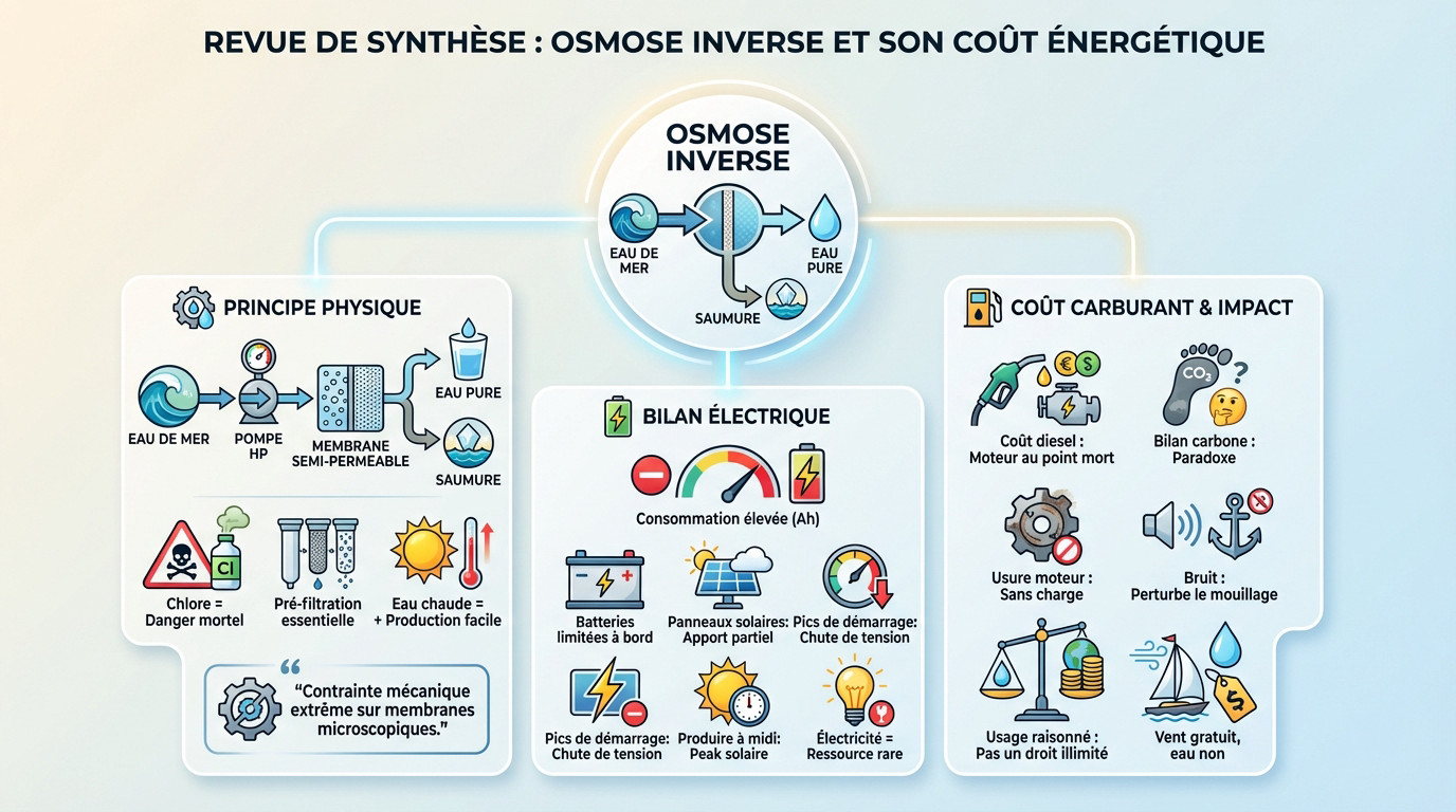 Schéma explicatif du fonctionnement d'un dessalinisateur par osmose inverse et son impact énergétique sur un voilier