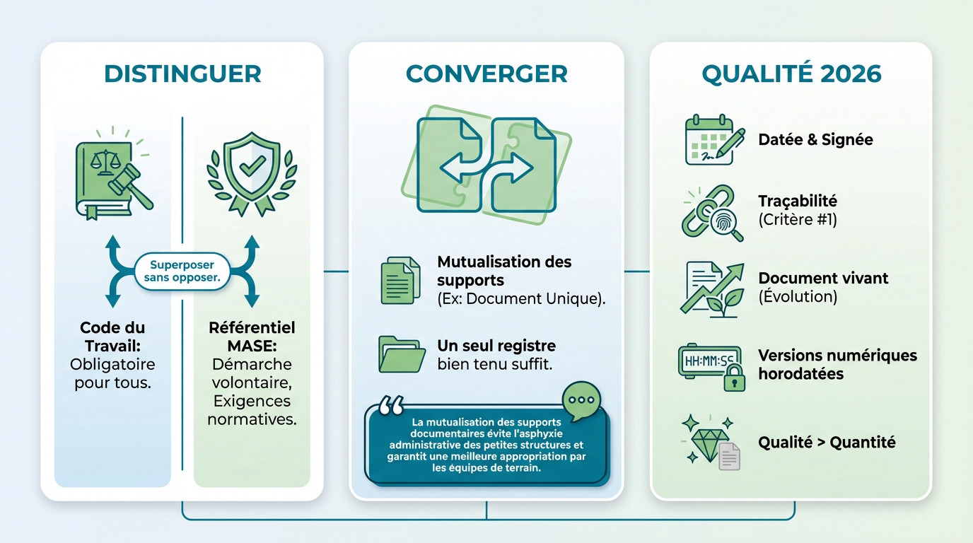Schéma illustrant la distinction et la convergence entre les documents légaux et les preuves documentaires MASE