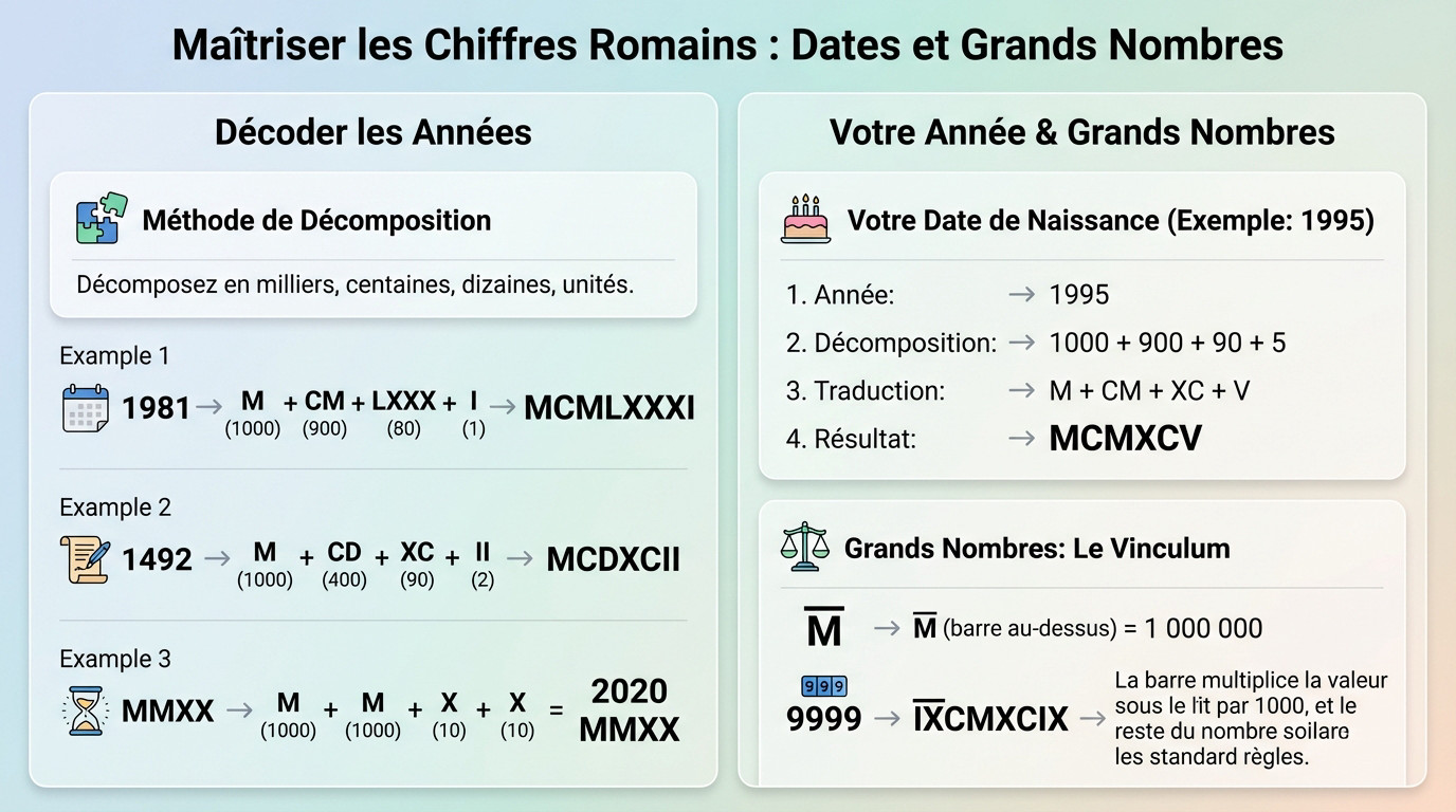Tableau noir avec des calculs de conversion de dates en chiffres romains