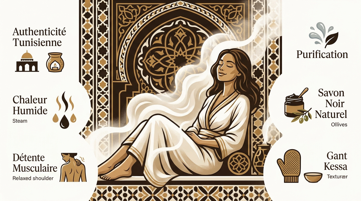 Intérieur d'un hammam traditionnel avec vapeur et lumière tamisée