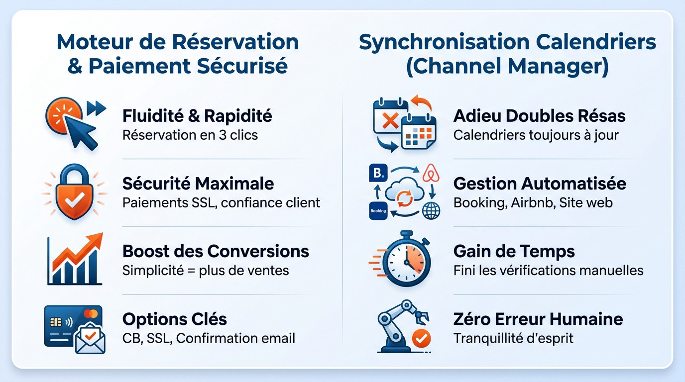 Infographie expliquant le fonctionnement d'un moteur de réservation et d'un channel manager pour gîte