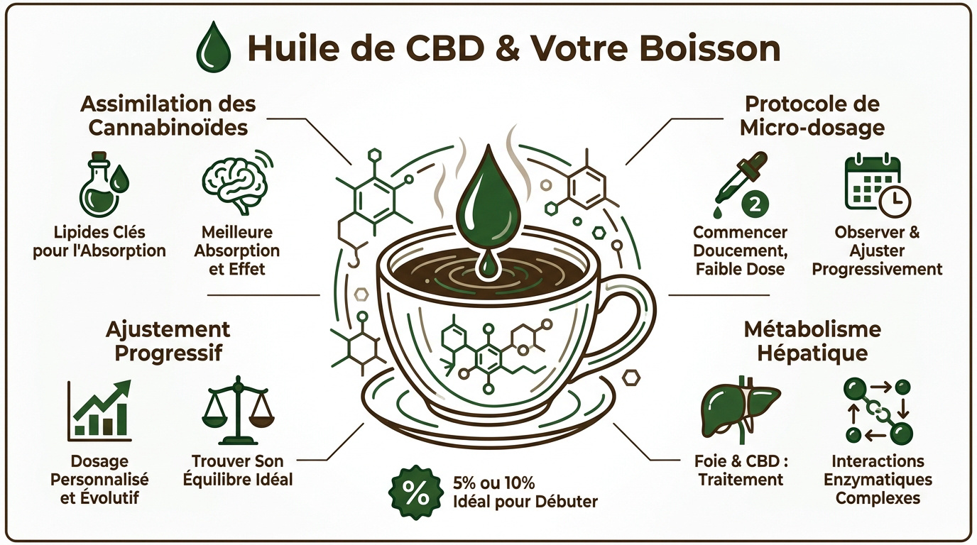 Infographie explicative sur le dosage de l'huile de CBD dans une boisson chaude