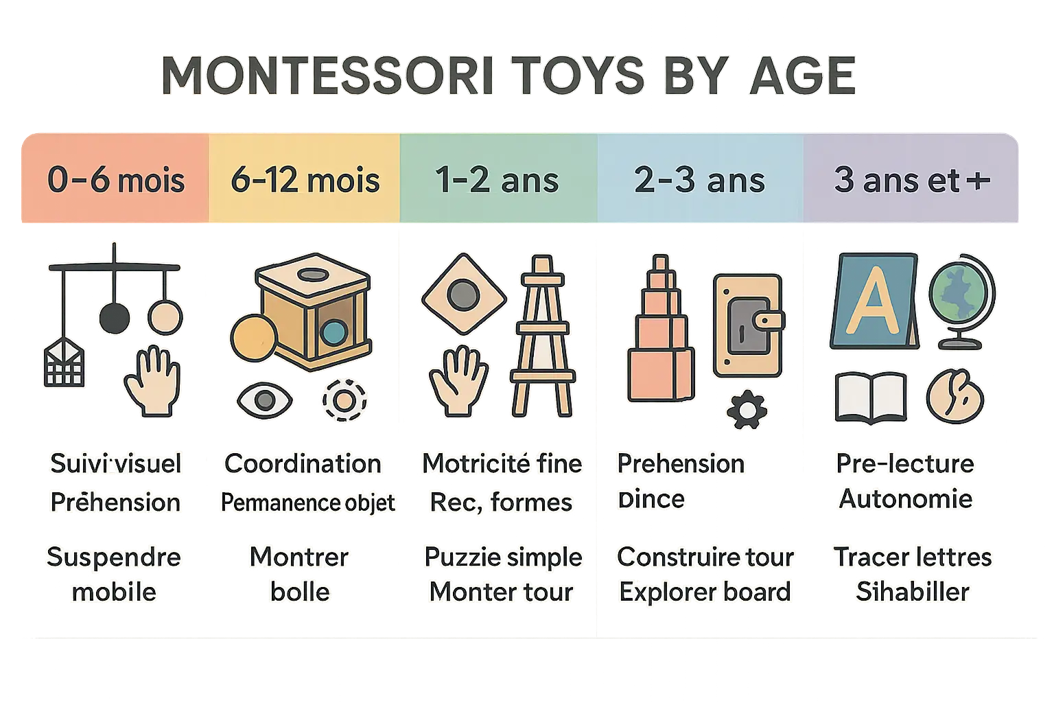 Illustration jouets Montessori par âge
