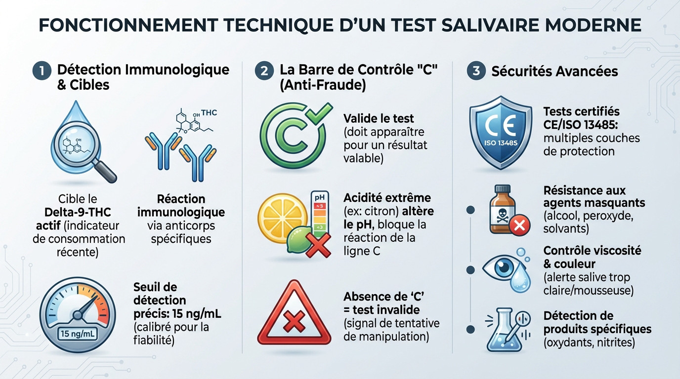 Esquema técnico que explica el funcionamiento de un test de saliva moderno y la detección de metabolitos