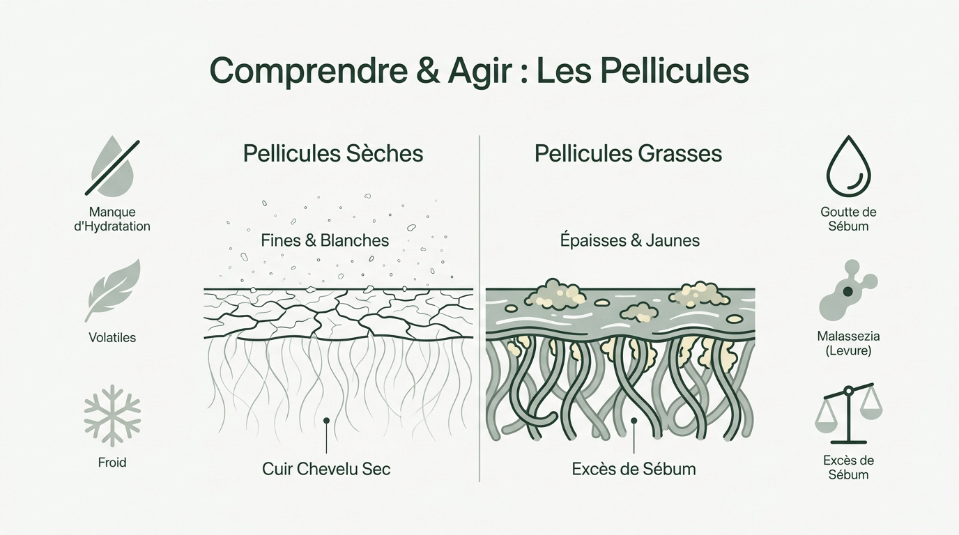 Comparaison visuelle entre pellicules sèches et pellicules grasses