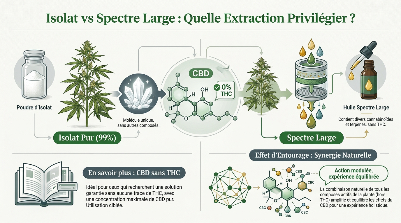 Comparaison visuelle entre l'isolat de CBD pur et l'extraction broad spectrum sans THC