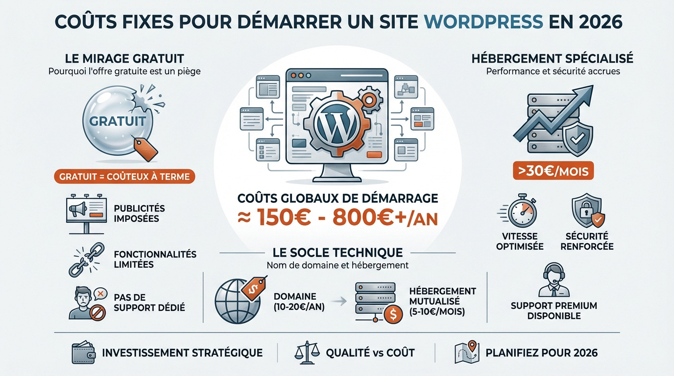 Graphique des coûts de démarrage pour un site WordPress incluant hébergement et domaine