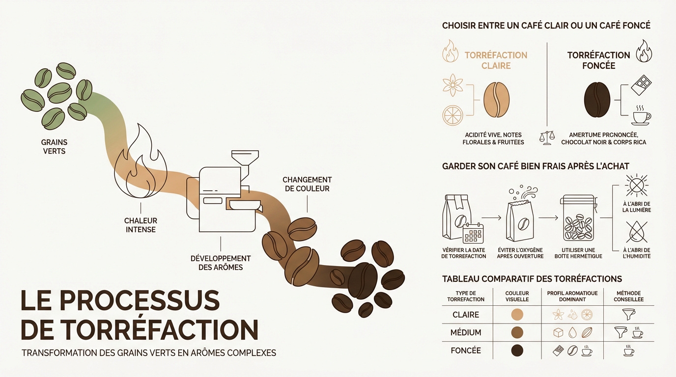 Nuancier illustrant les différents stades de torréfaction des grains de café, du vert au noir intense