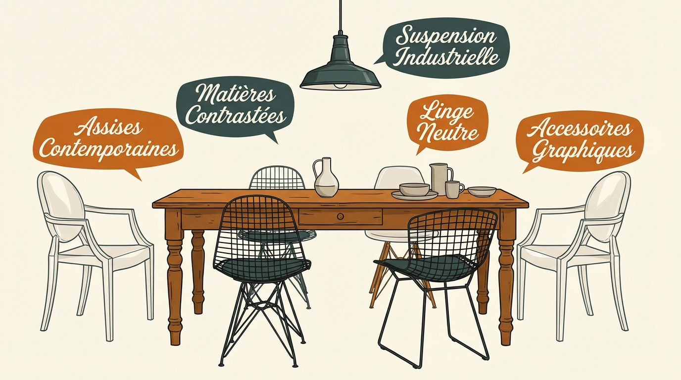 Salle à manger associant avec goût une table ancienne en bois brut et des chaises au design ultra-moderne