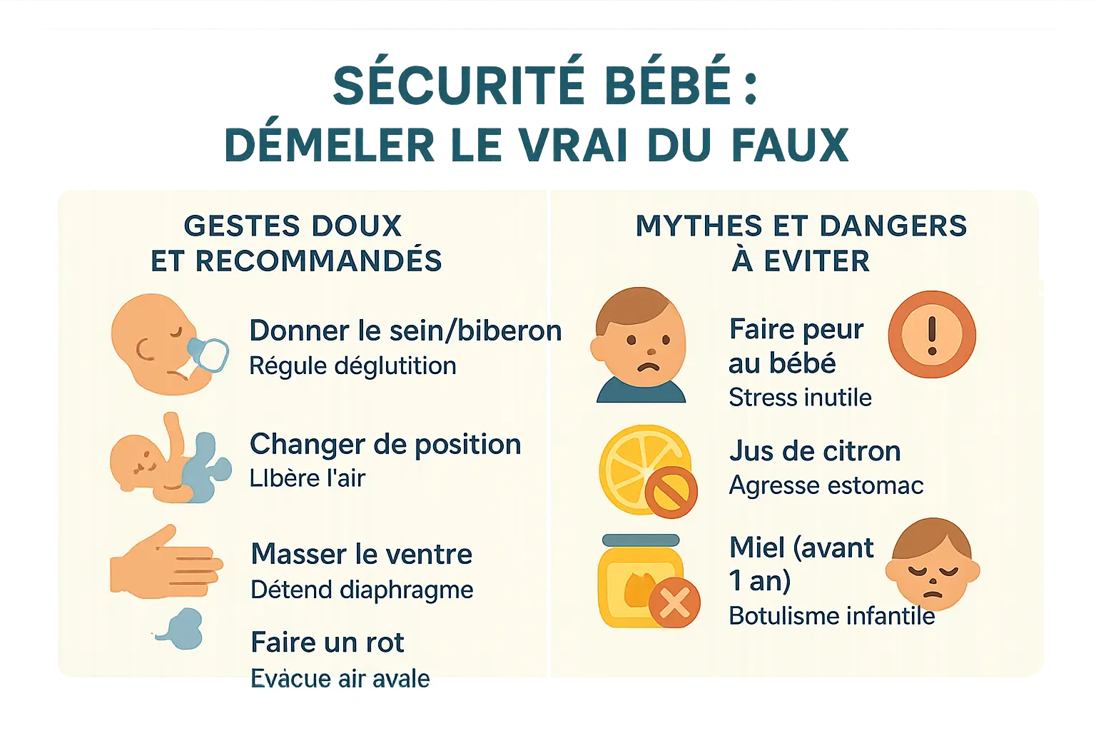 Illustration de sécurité pour bébé, représentant un parent rassurant un nourrisson avec des gestes doux