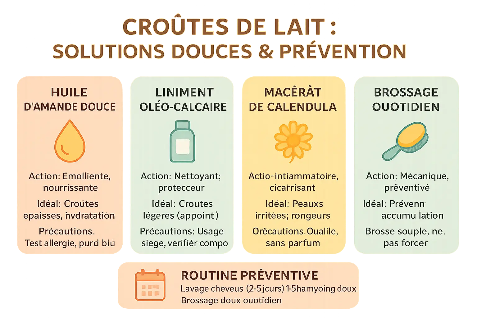 Illustration montrant une maman appliquant de l'huile d'amande douce sur le cuir chevelu de son bébé, dans un cadre naturel et apaisant