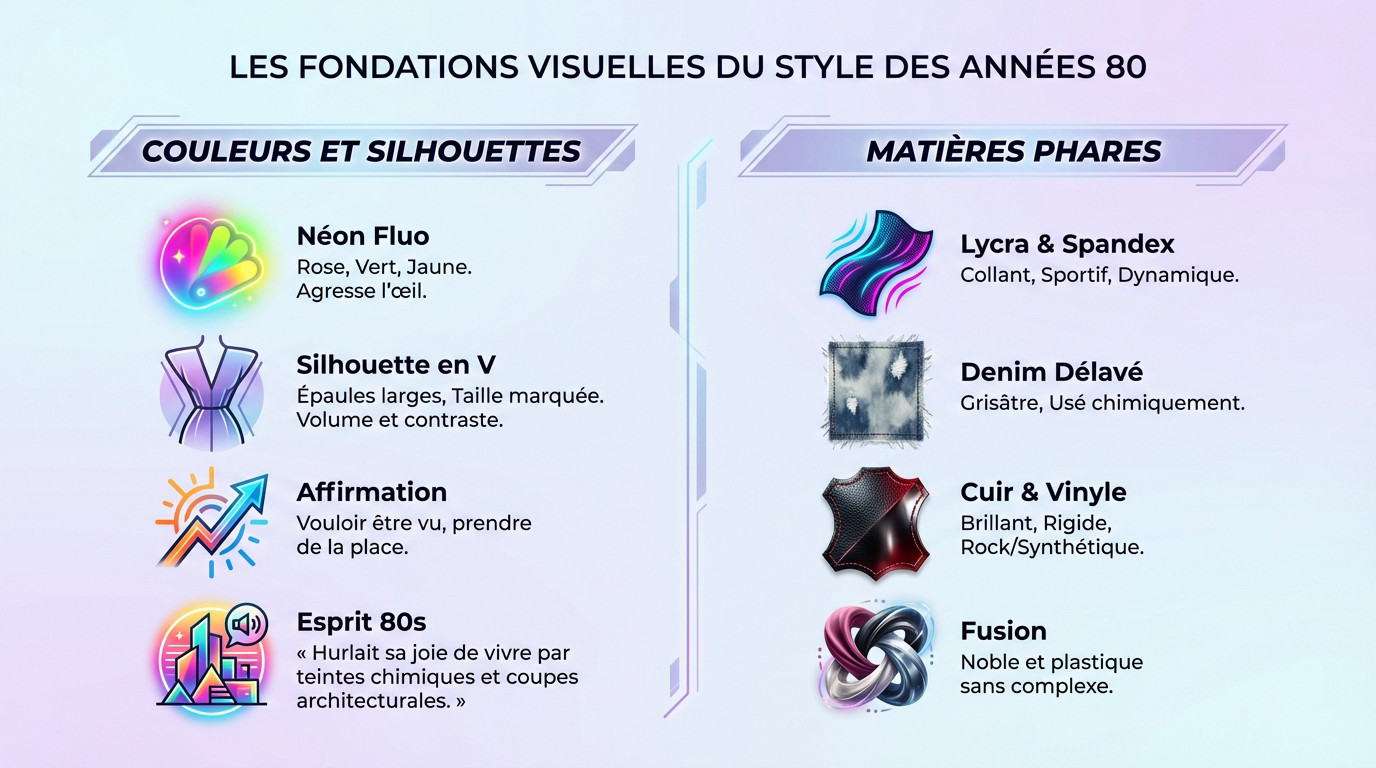 Femme portant une veste à épaulettes larges et des couleurs néon typiques des années 80
