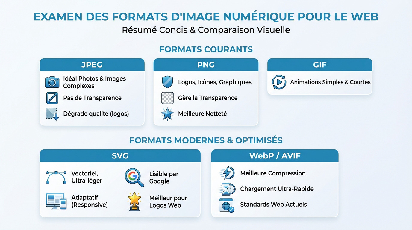 Comparaison des formats d'image numérique pour le web : <strong>JPEG</strong>, <strong>PNG</strong>, <strong>GIF</strong> et SVG