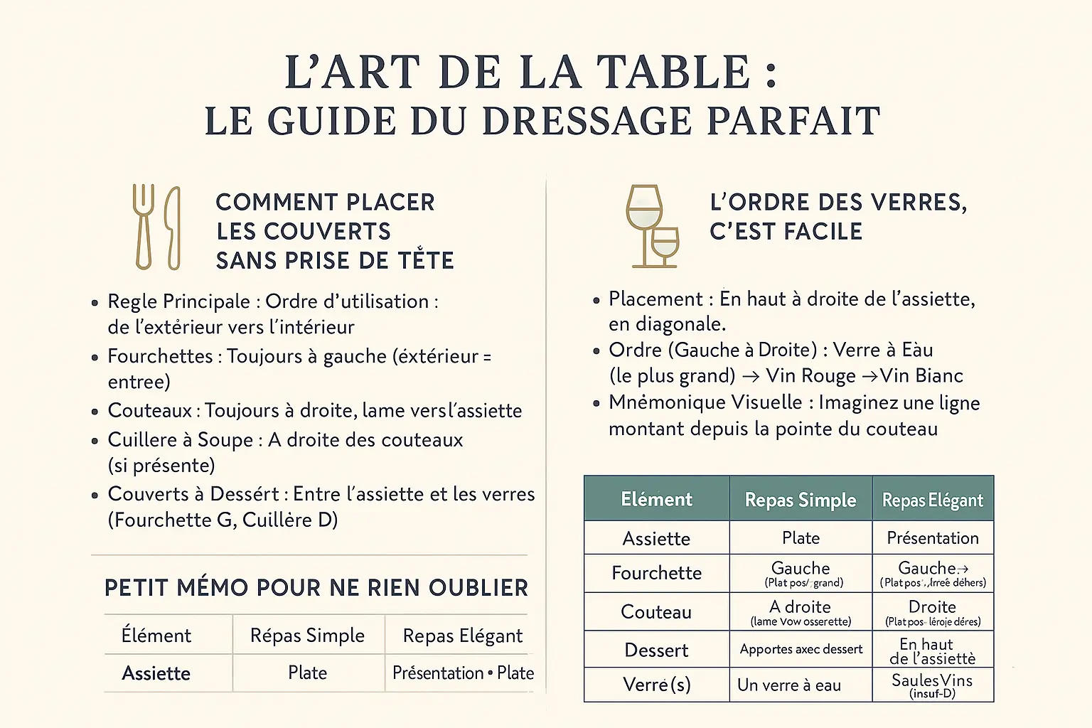 Exemple de table élégante avec couverts et verres bien disposés