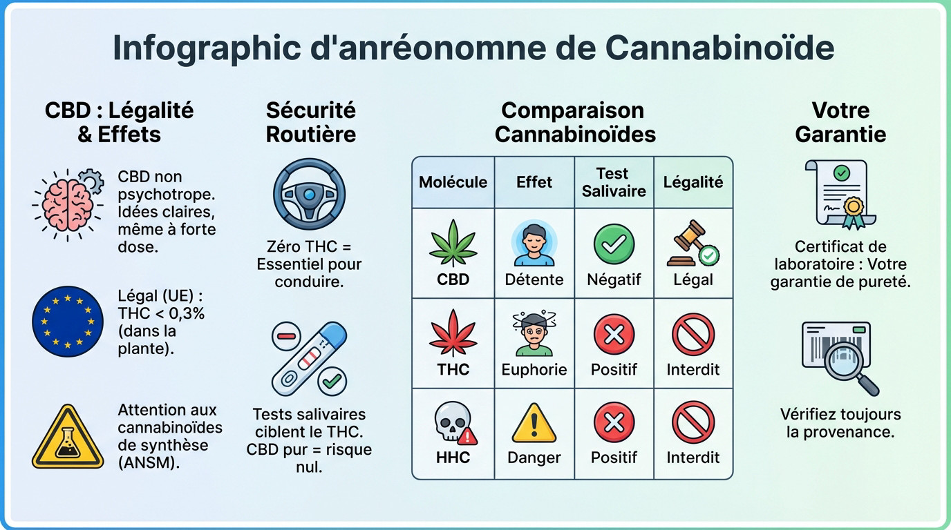 Tableau comparatif légalité et sécurité du CBD face au THC et HHC