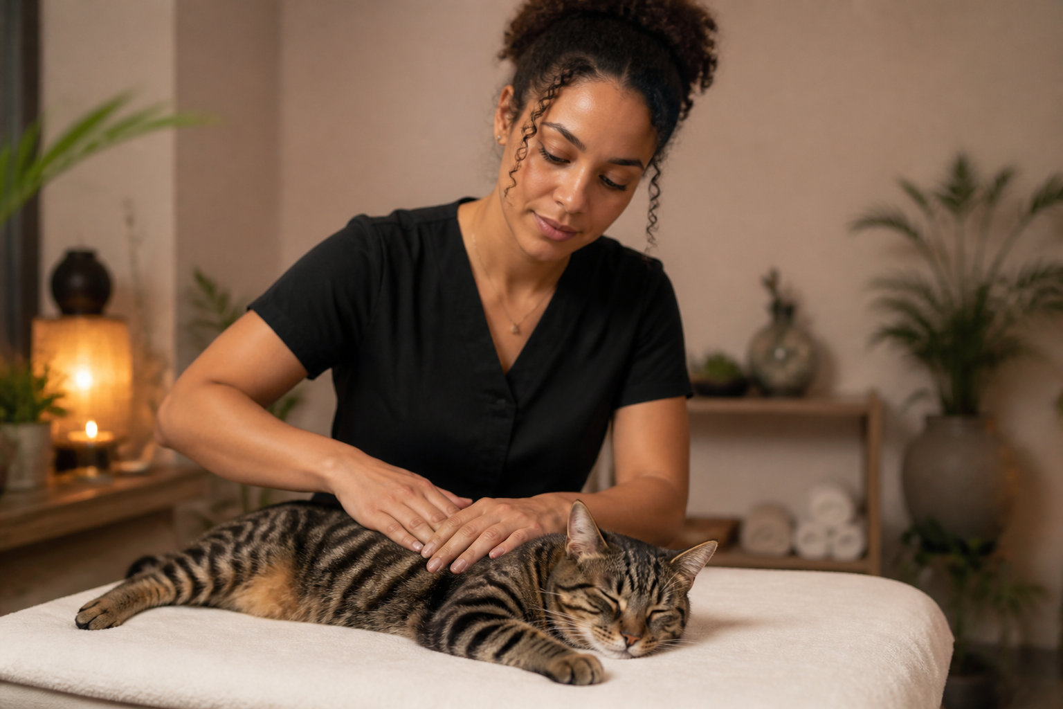 Chat recevant un massage professionnel avec des effleurages ciblés