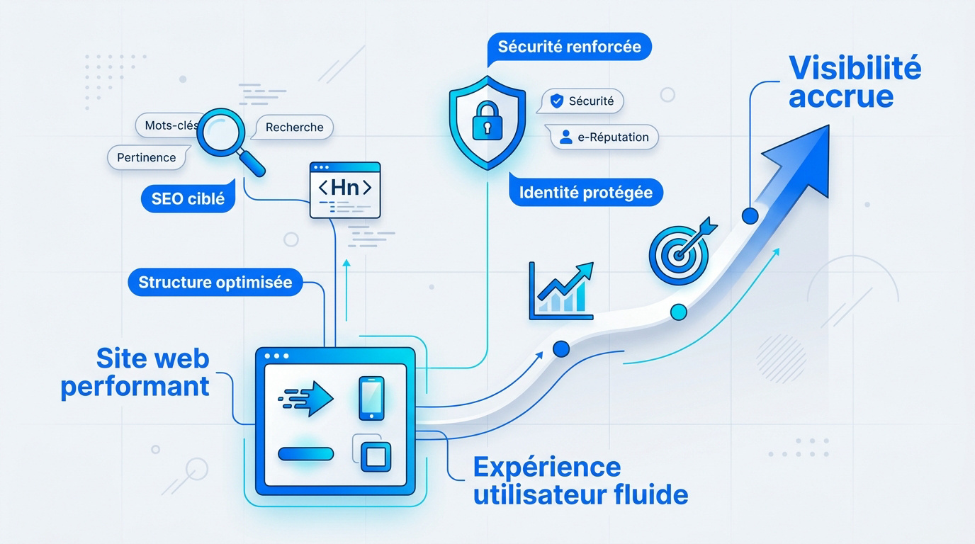 Infographie montrant les étapes pour se faire connaître sur internet via le SEO et la sécurité web