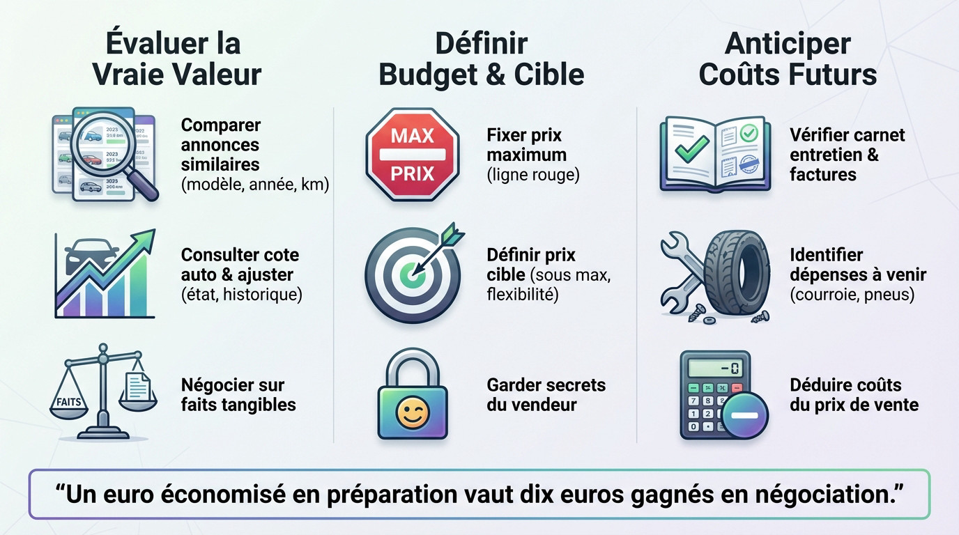 Préparation dossier négociation achat véhicule occasion avec documents et calculatrice