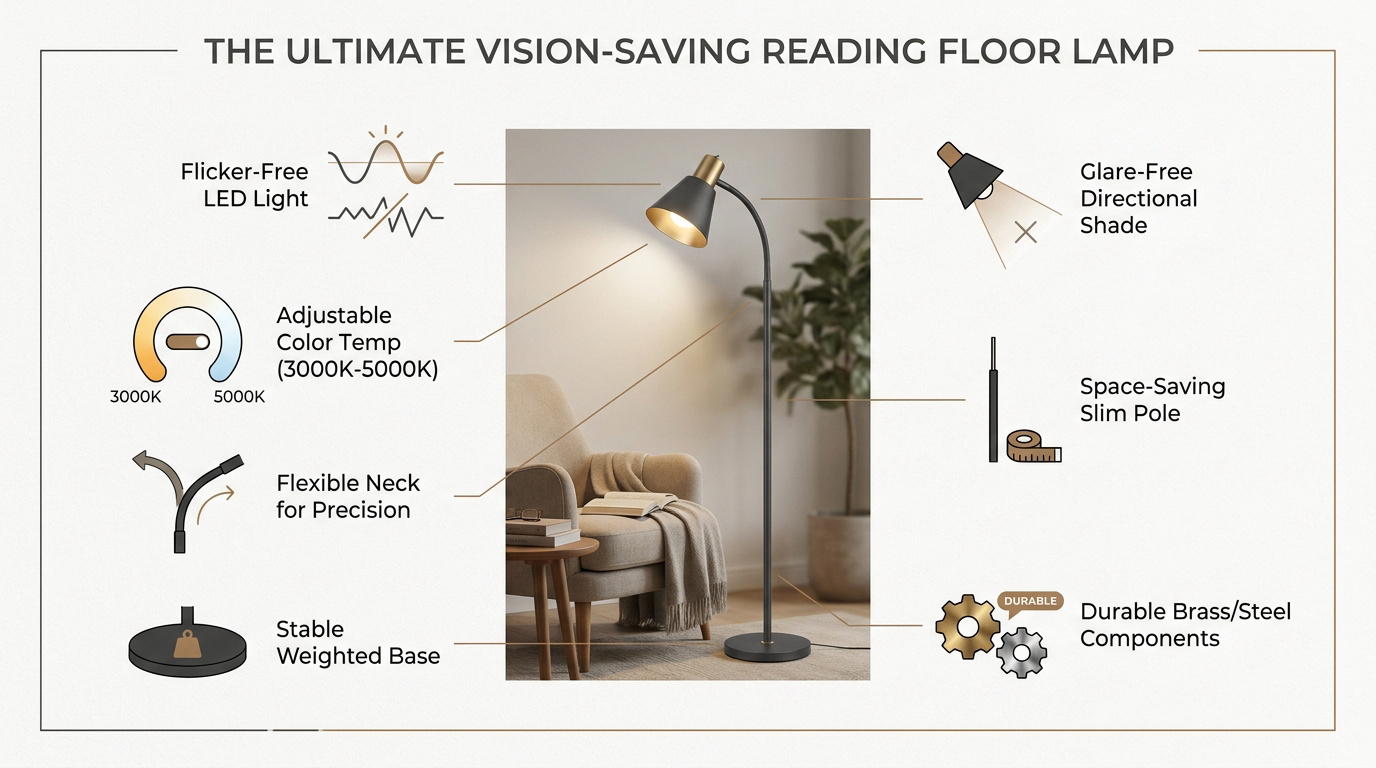 Ergonomic floor lamp for reading with adjustable neck and flicker-free LED technology