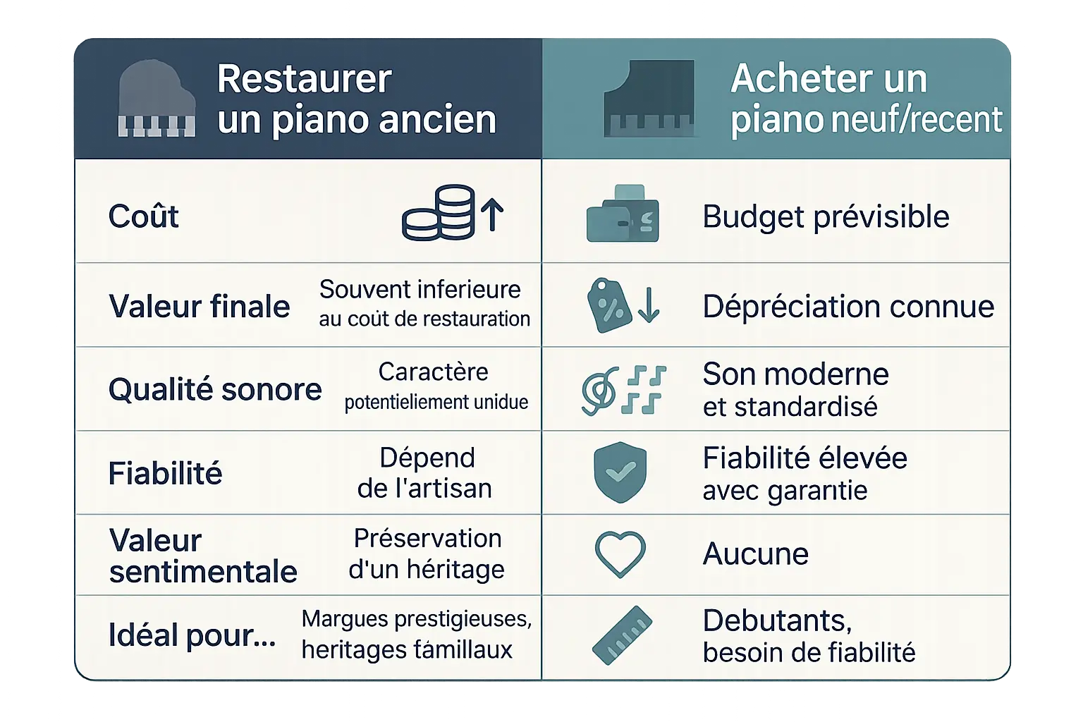 <strong>Comparaison restauration piano ancien vs achat neuf</strong>