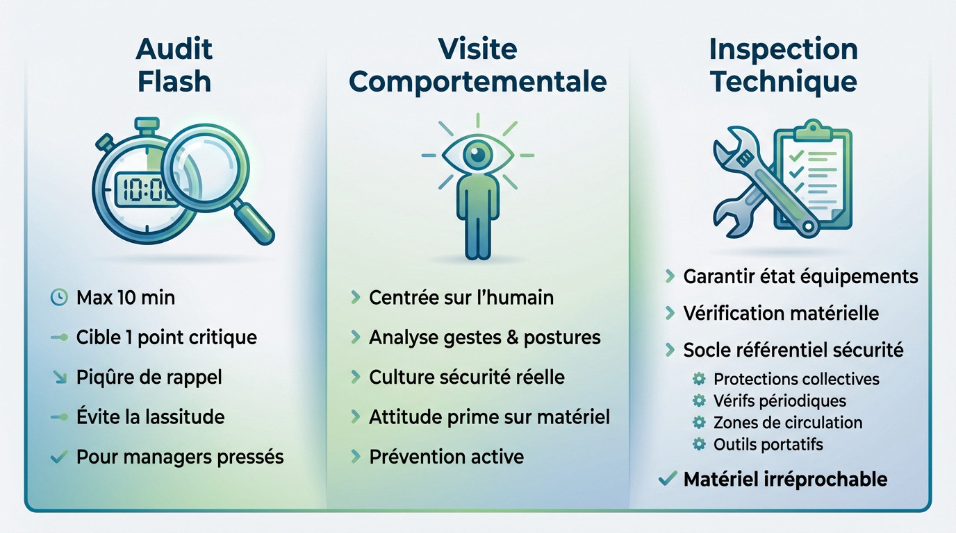 Illustration des trois types de visites sécurité : audit flash, visite comportementale et inspection technique