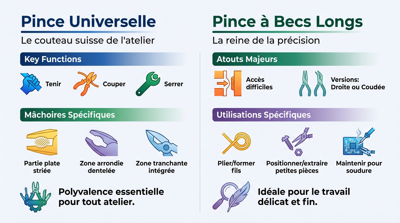 Comparaison entre une pince universelle polyvalente et une pince à becs longs pour la précision