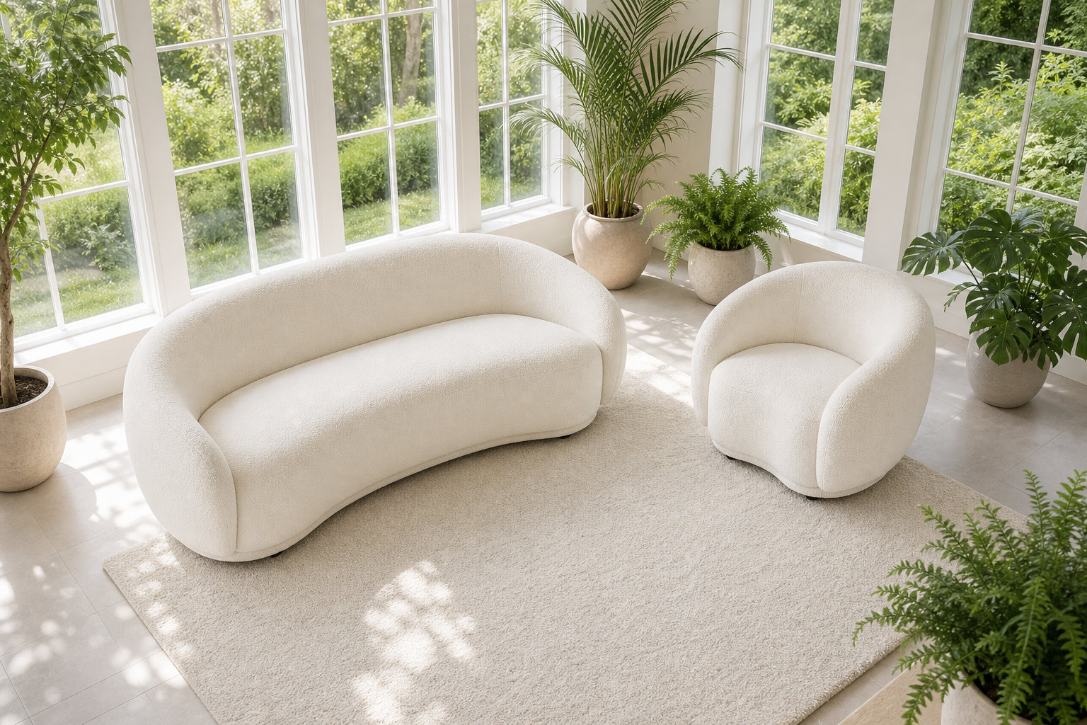 Ensemble canapé arrondi 3 places et fauteuil blanc ivoire - BOVANA