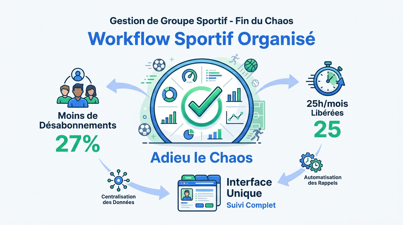 Infographie montrant l'optimisation du workflow pour la gestion d'un groupe sportif